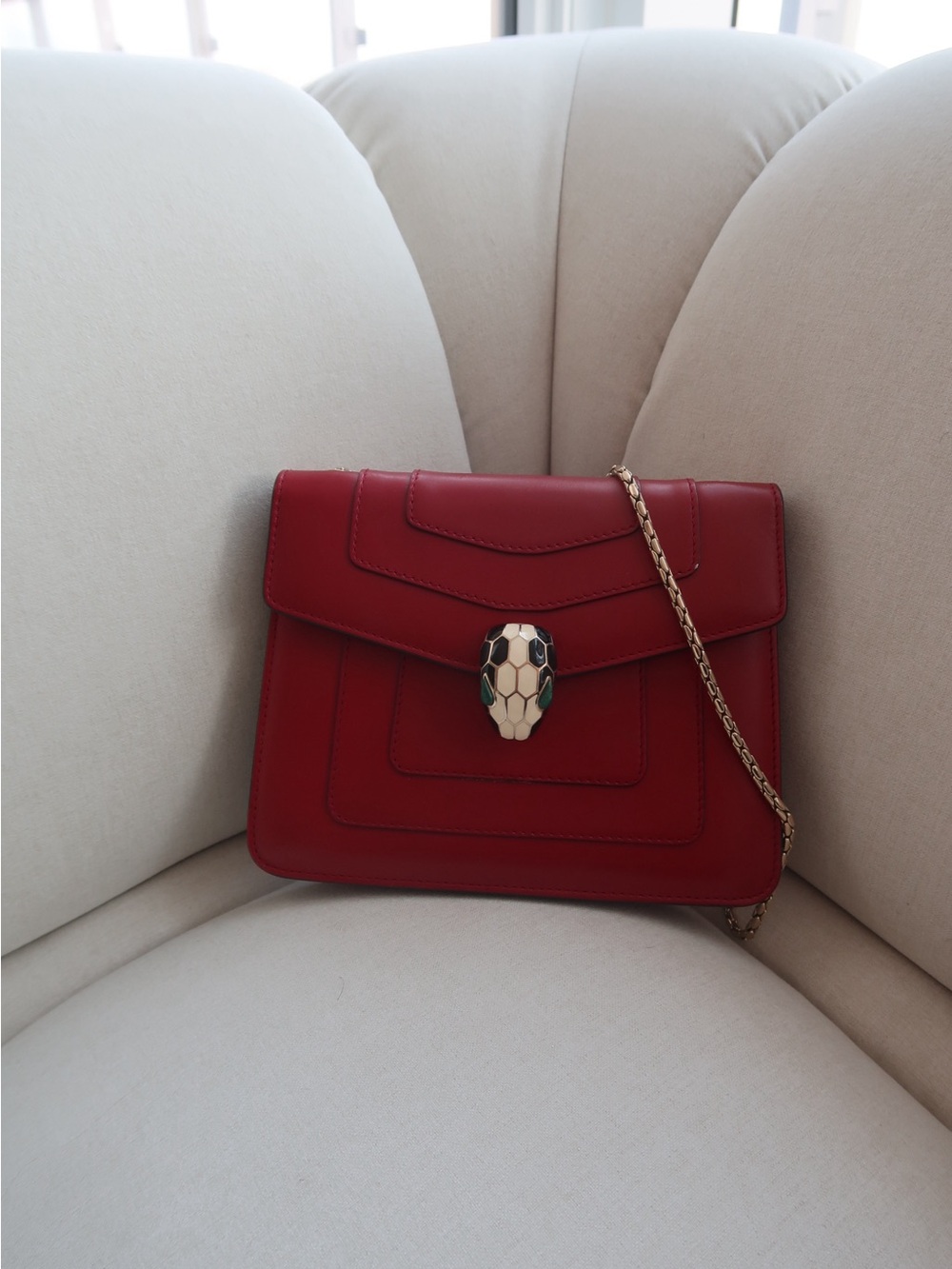 Red Leather Shoulder Bag with Gold Chain - Women Bags